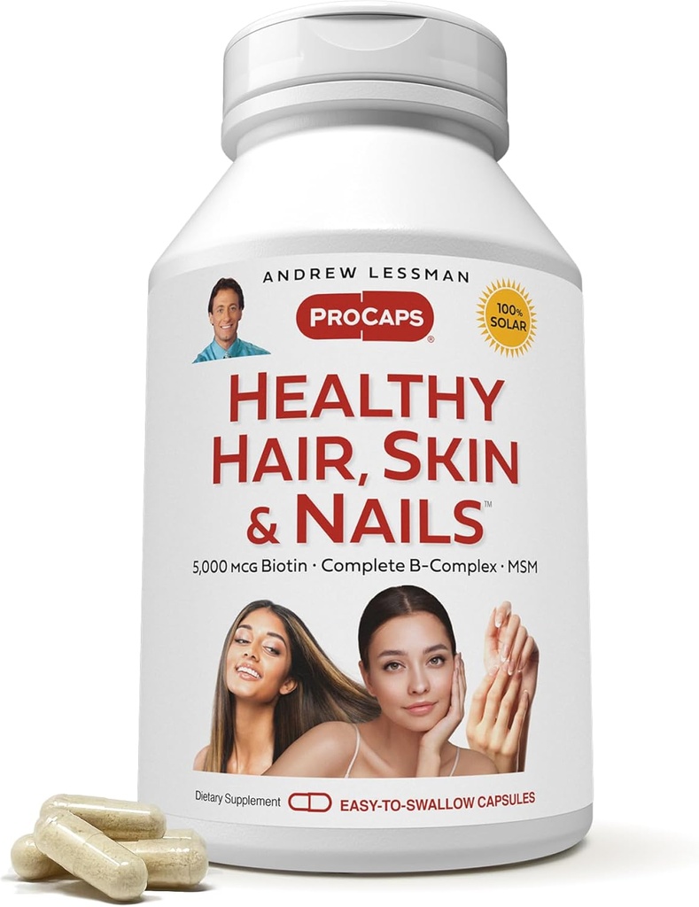 ANDREW LESSMAN Healthy Hair, Skin and Nails 120 Capsules - 5000 mcg Alta Bioactividad Biotina, B-Complex. Promueve la hermosa piel, las uñas fuertes. No aditivos Crecimiento del cabello Vitaminas Biotina Suplemento