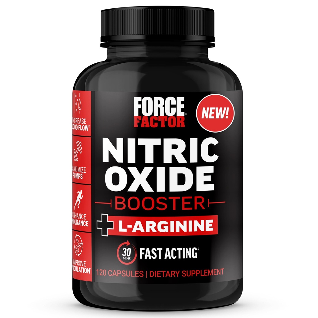 FORCE FACTOR Nitric Oxide Booster, Fast-Acting Formula with L-Arginine, Boosts Nitric Oxide Levels, Maximize Muscle Pumps, Enhance Endurance, Improve Circulation, 120 Capsules