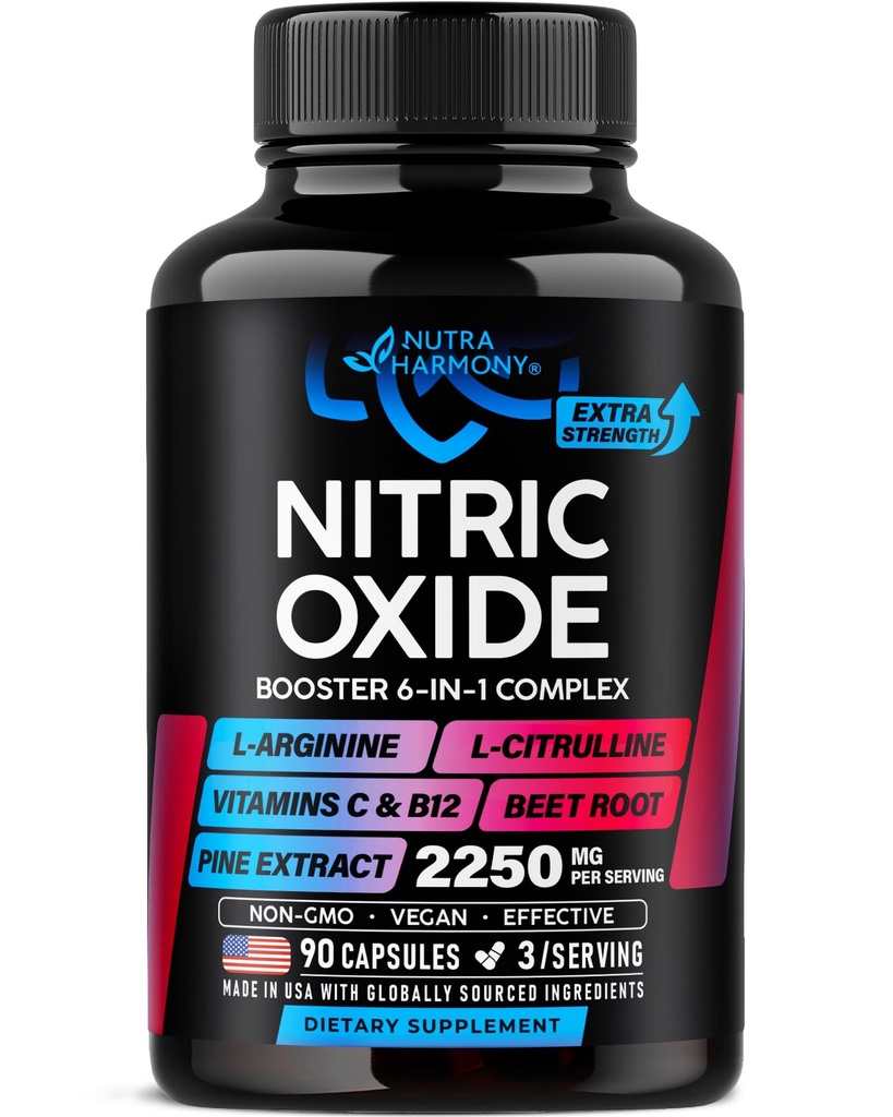 Nitric Oxide Supplement for Men & Women 2250 mg - Nitric Oxide Booster - Pine Bark | L-Arginine | L-Citrulline | Beet Root | Vitamin C & B12 - Muscles, Energy & Circulation - Made in USA, 90 Capsules