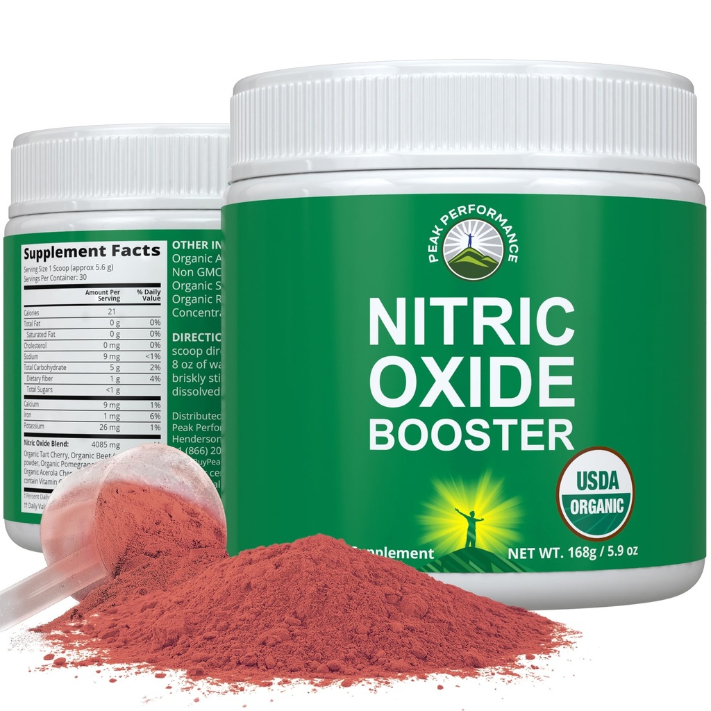USDA Organic Plant Based Nitric Oxide Booster Powder Supplement for Men & Women - Caffeine Free Supplements 5 Top Ingredients - Beet Root, Tart Cherry, Acerola Cherry, Pomegranate, Red Ginseng