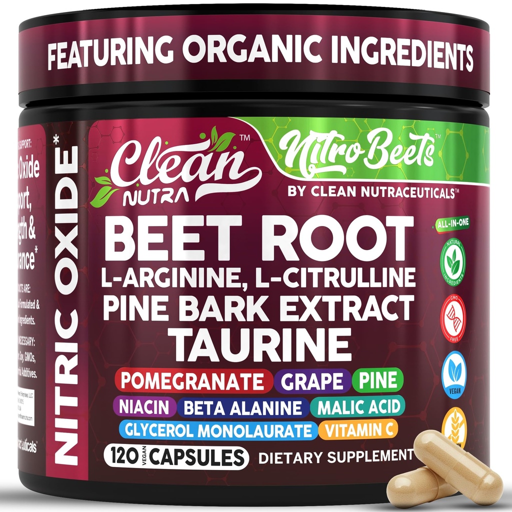 Clean Nutra Organic Beet Root Capsules L Arginine L Citrulline Pine Bark Nitric Oxide Beetroot Powder Arginine Citrulline Supplement Pre Workout Supplements Extract – 120 Vegan Pills