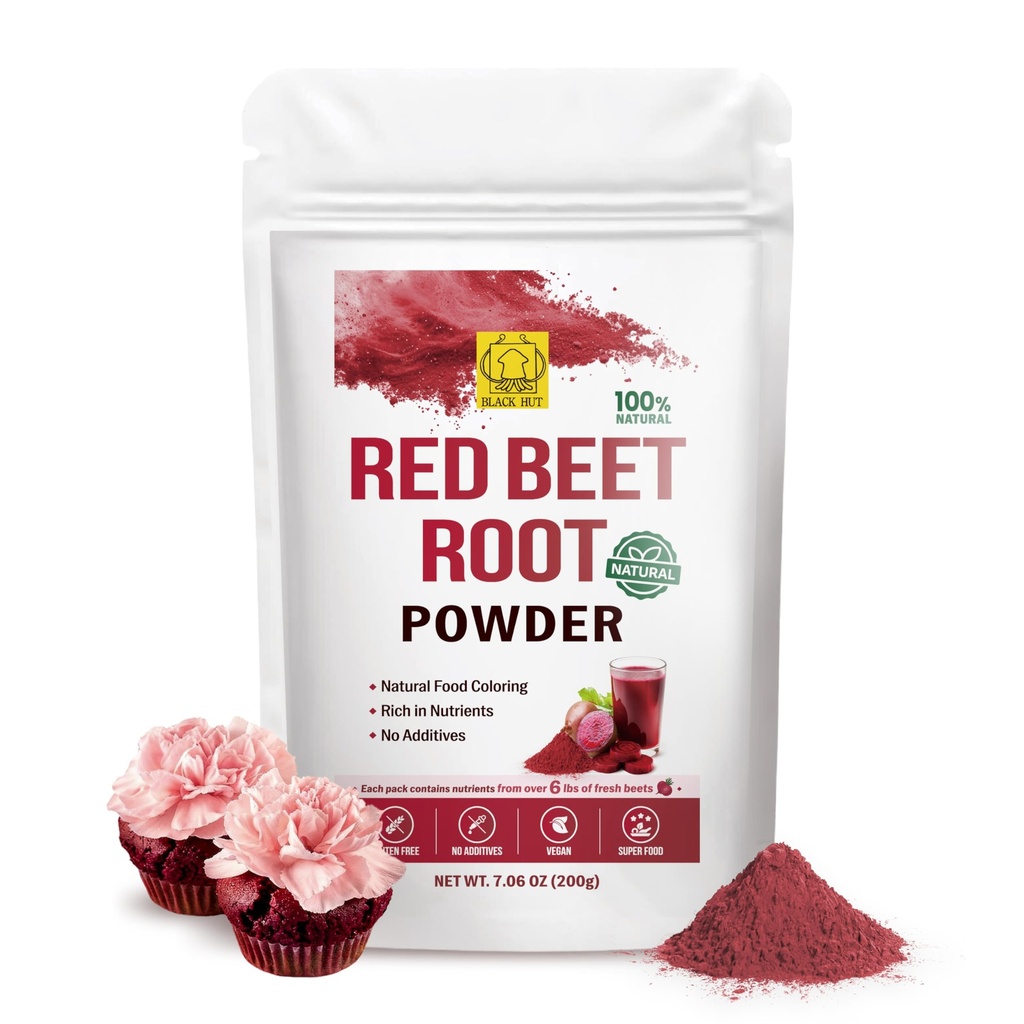Black Hut Organic Beet Root Powder, Superfood for Heart Health & Nitric Oxide Boost, Natural Red Food Coloring for Baking, Smoothies, Juice, Non-GMO, Vegan, Gluten-Free, No Sugar Added (7.06 Oz)
