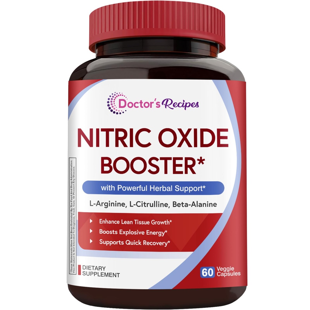 Doctor's Recipes Nitric Oxide Booster, 1380 mg, L-Arginine, L-Citrulline, Beta-Alanine, Korean Ginseng Root, Beet Root, Black Pepper, Non-GMO, 60 Vegan Caps