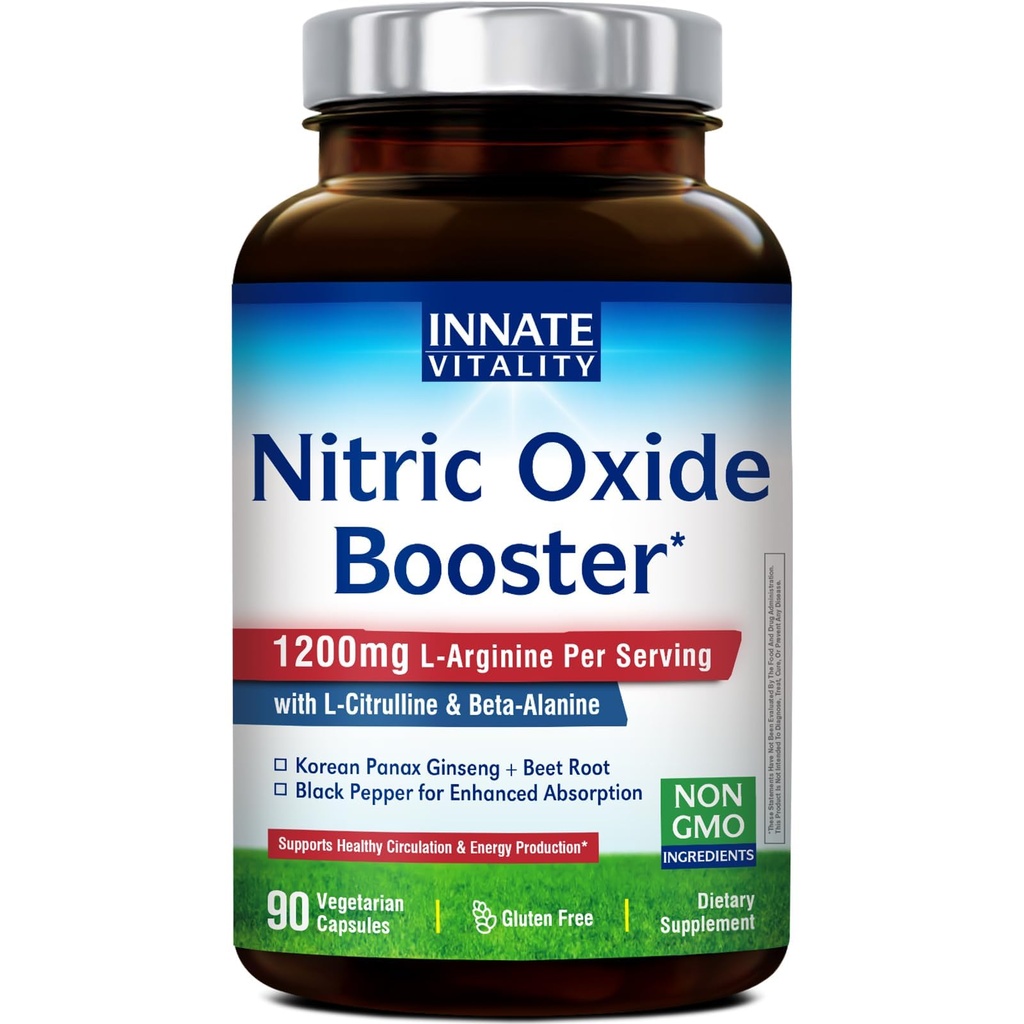 Innate Vitality Nitric Oxide Booster Supplement, L-Arginine, L-Citrulline, Beet Root, Beta-Alanine, Ginseng Root, Healthy Circulation, Energy & Endurance, 90 Vegan Capsules