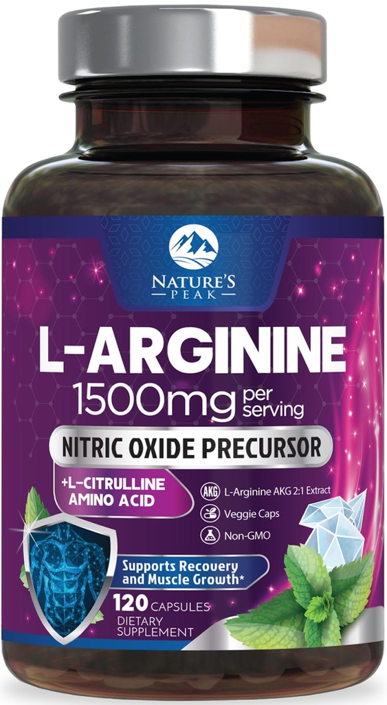 L-Arginine Complex - Extra Strength Nitric Oxide Booster Supplement - Premium Energy Blend for Natural Heart Health & Muscle Support - Non-GMO, Made for Men & Women, Bottled USA - 120 Capsules