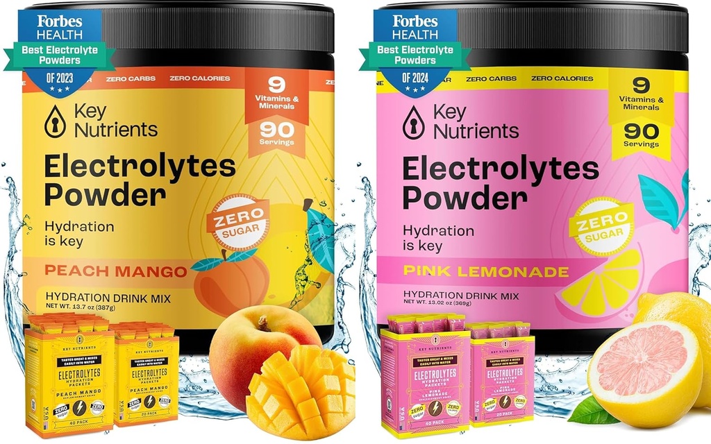 KEY NUTRIENTS Ultimate Hydration & Recovery Electrolyte Bundle – Tropical Peach Mango & Fresh Pink Lemonade, Sugar-Free, 90 Servings Each