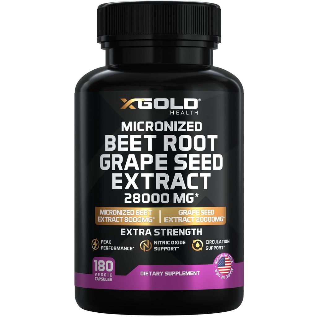 X Gold Health Beet Root & Grape Seed Extract – Nitric Oxide Booster for Blood Flow, Energy & Endurance – 95% Polyphenols – Non-GMO, Vegan – 180 Capsules – Made in USA