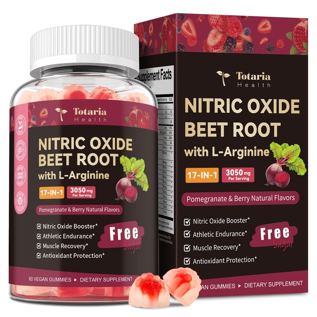 Totaria Beet Root Gummies - Beetroot Supplement with Grape Seed, Pomegranate, Vitamin C, B12 & B3 - Nitric Oxide Gummies for Heart, Energy, Muscle & Circulation Support Vegan, Non-GMO, Sugar Free