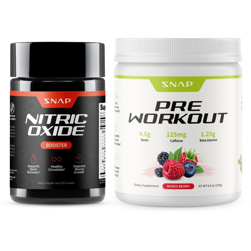 Snap Supplements Nitric Oxide Booster + Pre Workout Beet Root Powder Bundle, 60 Vegetarian Capsules + 30 Servings Mixed Berry
