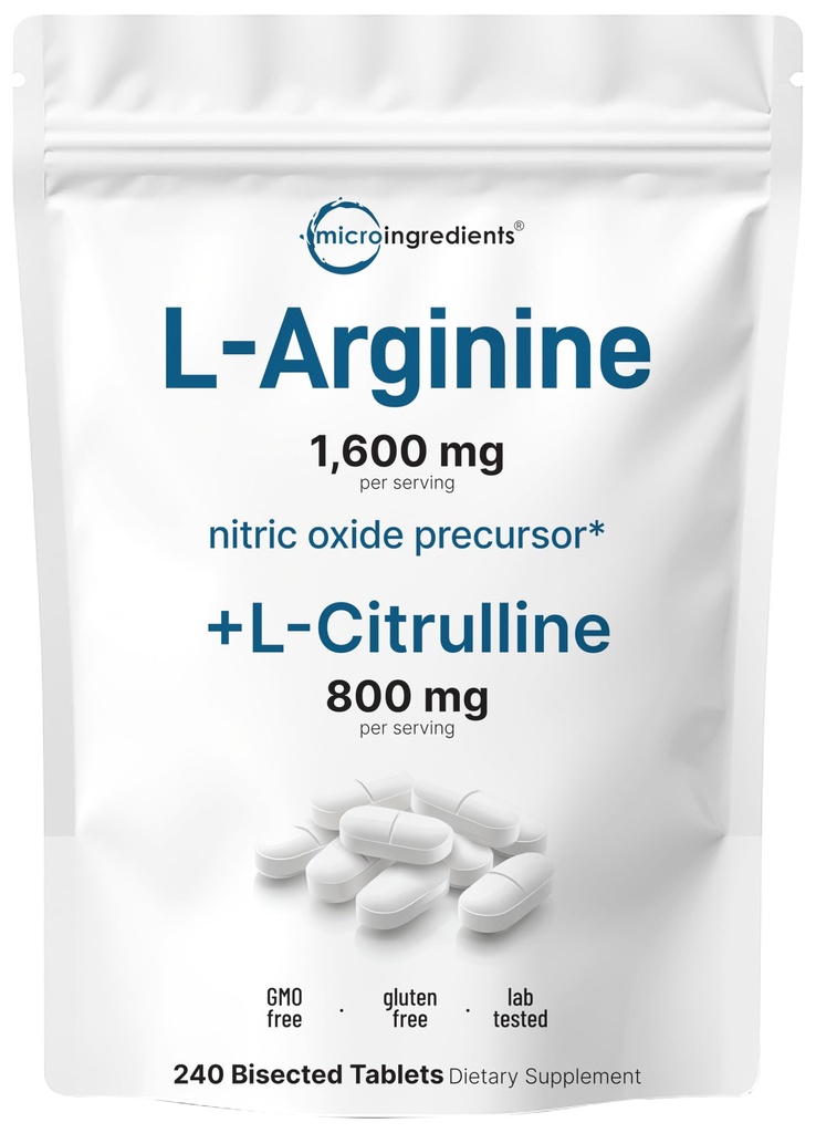 L-Arginine 1,600mg Nitric Oxide Supplement for Men with L-Citrulline, 240 Bisected Tablets | Nitric Oxide Precursor | Muscle, Energy, & Heart Support | Non-GMO, Gluten Free - 4 Month Supply