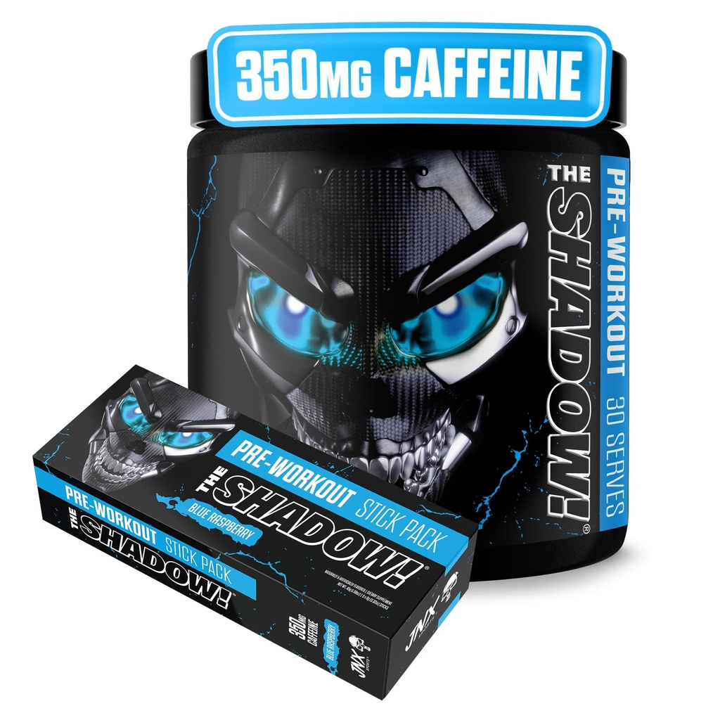 JNX SPORTS The Shadow! High Stim Preworkout | 350mg of Caffeine | Blue Raspberry 30 Servings | Energy, Mental Focus & Strength for Men & Women + Free 5-Serving Packet – Bonus Bundl