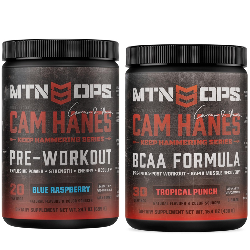MTN OPS Cam Hanes Pre Workout & Tropical Punch BCAA Bundle – Blue Raspberry Preworkout + Amino Acids