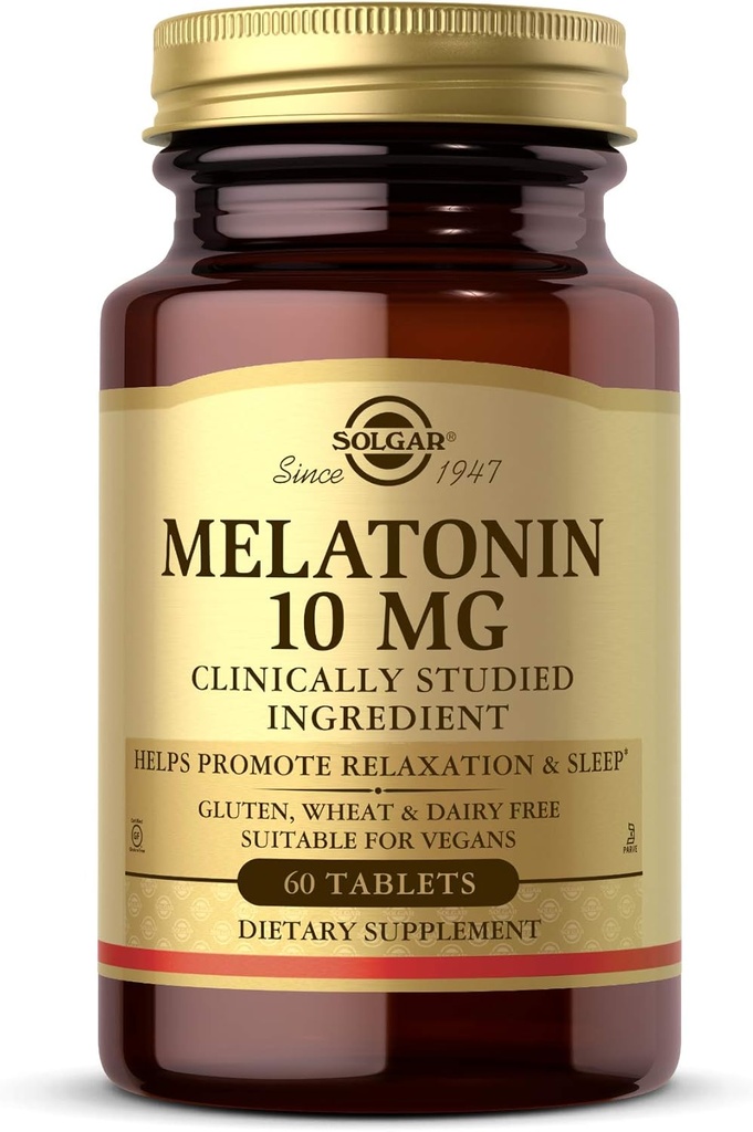 Solgar Melatonin 10mg Tablets HighDosage Ayuda a promover la relajación El sueño clínicamente estudiado Melatonina Apoyos Natural Sleep Cycle Vegan Gluten Free Kosher Servings, 60 Condes