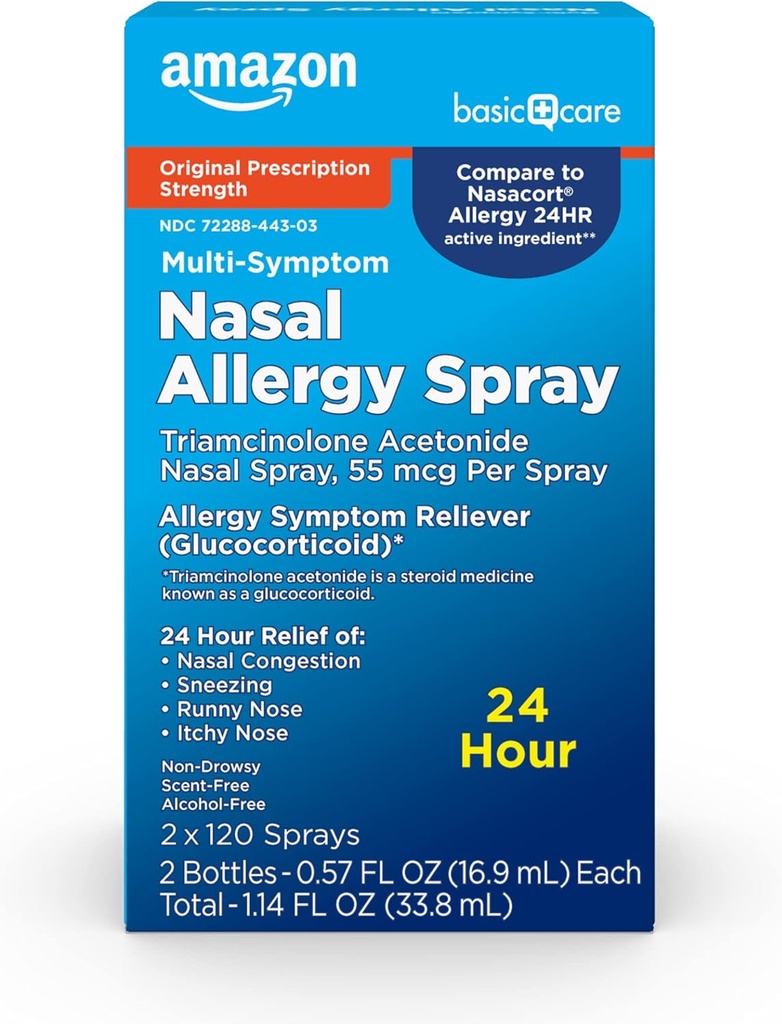 Cuidado básico Triamcinolona multisíntoma Acetonide Nasal Alergía Spray, 55 mcg, 0.57 fl oz (Pack of 2)