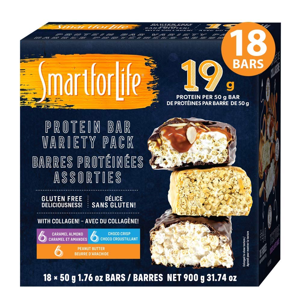 Smart for Life - High Protein, Low Sugar Bar Variety Pack, Gluten Free Caramel Almond, Chocolate &amp; Peanut Butter Chocolate Crunchy Meal Replacement Bares Funciona con Cookie Diet Non-GMO 18ct