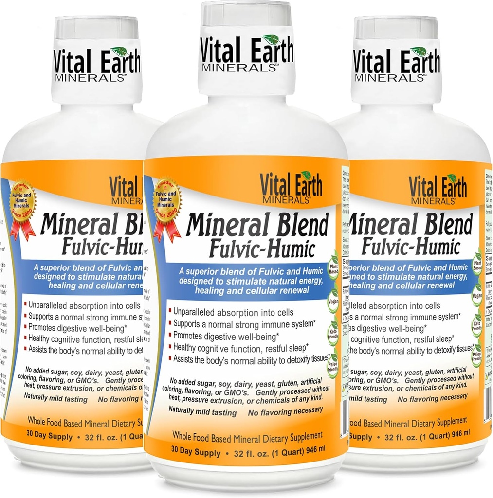 Vital Earth Minerals Fulvic Humic Mineral Blend Liquid 3-Pack – Suplemento Ácido Fulvic con 70+ Minerales Trace, Electrolitos para la recuperación, Balance &amp; Energía, 32 Oz Ea + 1 Oz Cup Ea