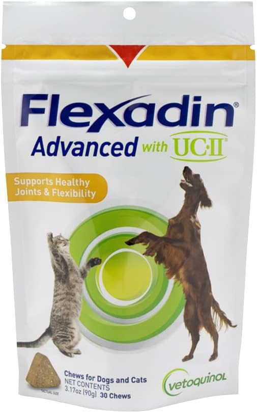 Vetoquinol Flexadin Advanced Dog Hip and Joint Supplement with Undenatured Collagen, One Chew a Day Hip and Joint Support Chew for Dogs and Cats, Clinically Proven Vet-Approved Fórmula, 30 Chews