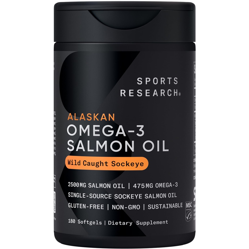 Sports Research® Salmon Oil - Single-Source Wild Alaskan Sockeye | 2500 mg per Serving w/EPA & DHA Fatty Acids | MSC Certified - 180 Count Softgels