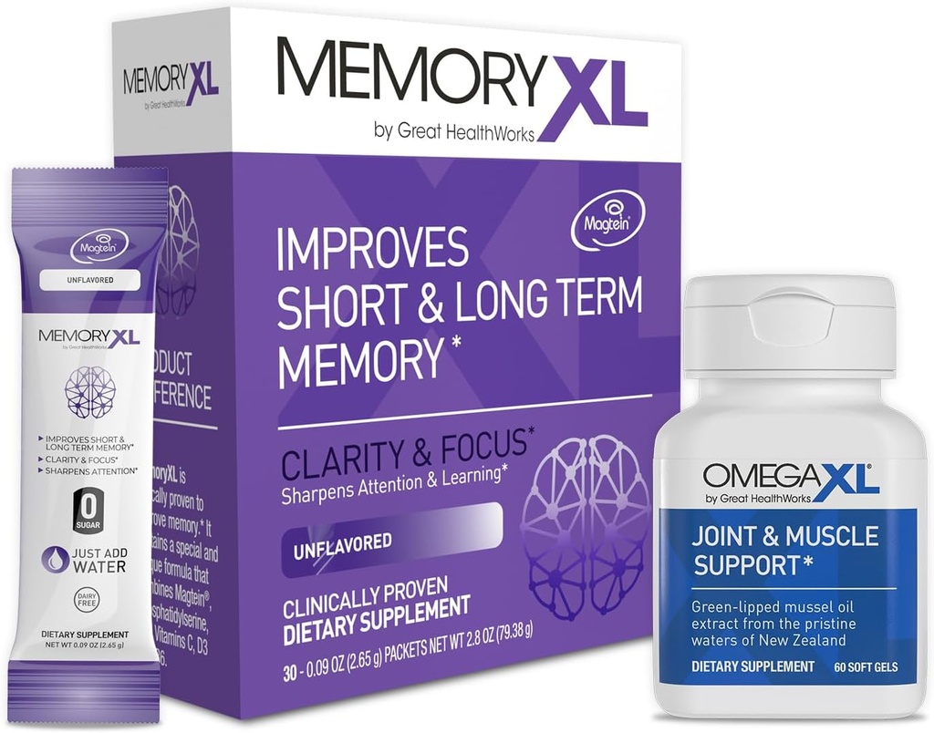 Suplemento de Soporte Conjunto OmegaXL, para Alivio - Apoyo al Musculo Natural, Aceite de Mussel Lipped Verde, 60 Conde &amp; MemoryXL, Magnesium L-Threonate: Suplemento Cerebro para Memoria > Desflavorado 30 Pack