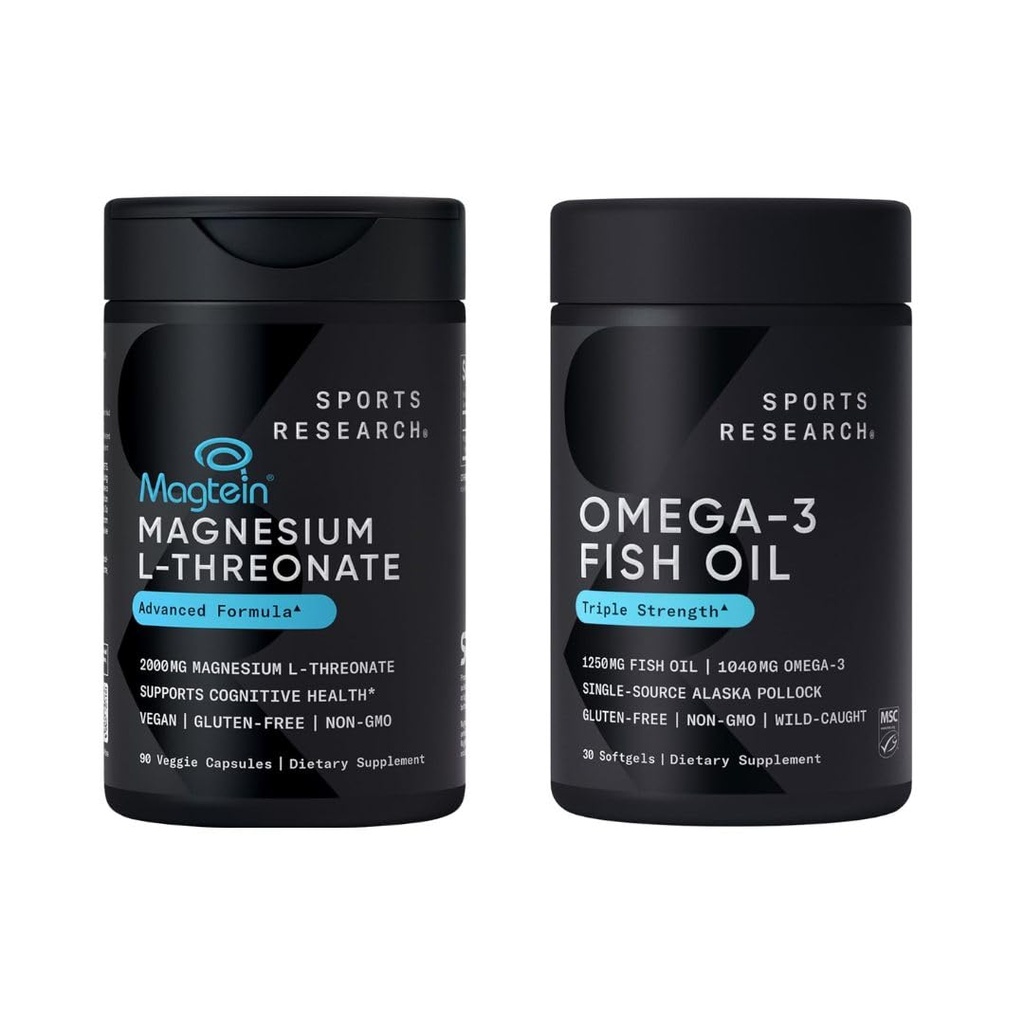 Sports Research® Cognitive Health Pack - Triple Strength Omega 3 Fish Oil EPA DHA Fatty Acids from Wild Alaskan Pollock & Magtein Magnesium L-Threonate