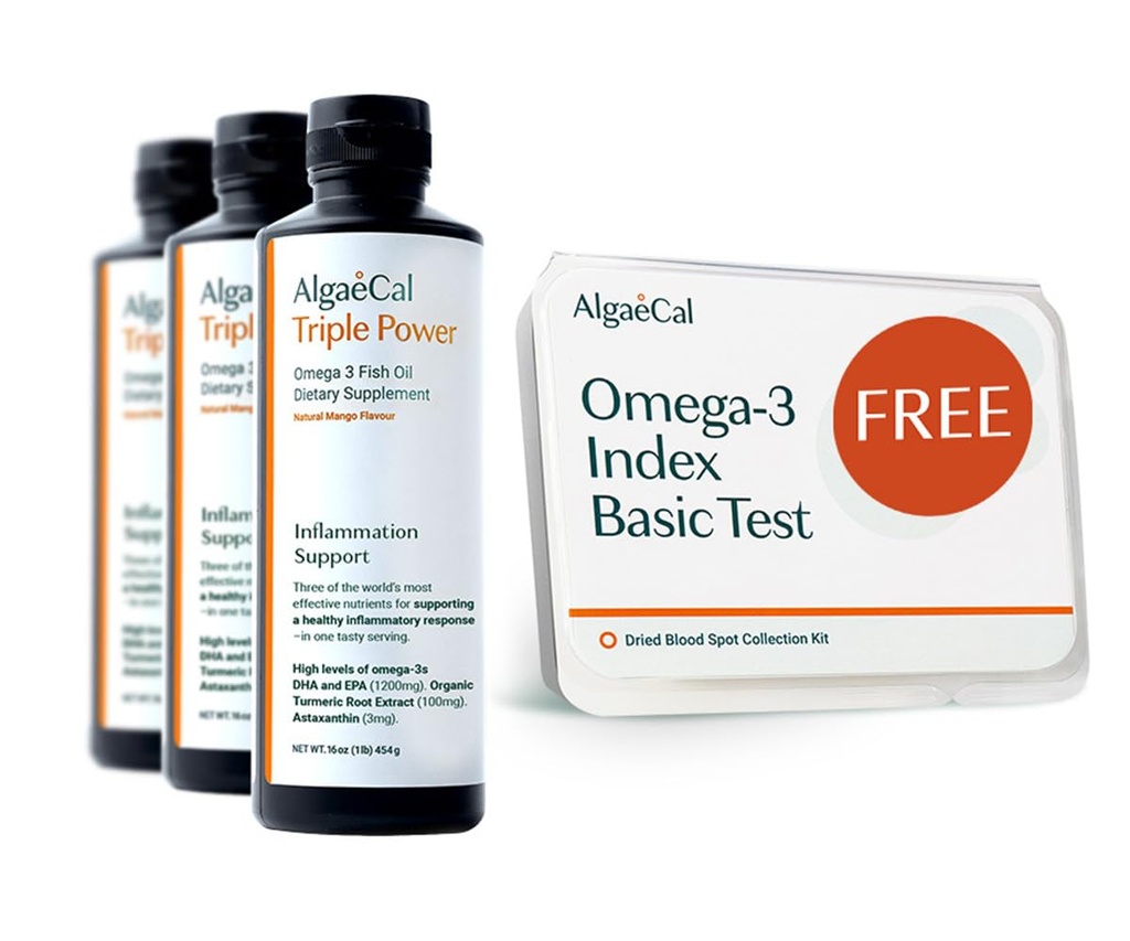 ALGAECAL Free Omega-3 Home Test Kit: Easy At-Home Testing with Lab-Verified Results Triple Power: 1200mg EPA & DHA Omega-3s Fish Oil Supplement, Mango Flavor, Burp-Less, Sugar-Free