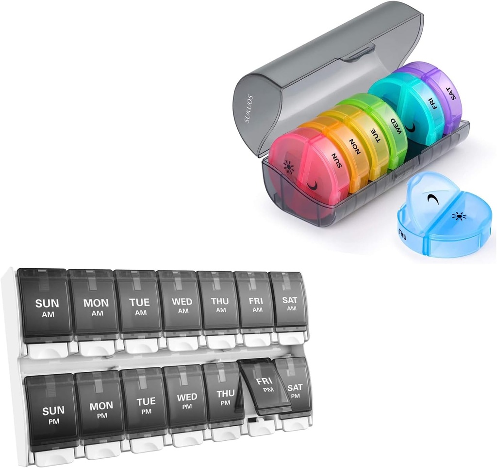 2 Pack organizador semanal de píldoras 7 días 2 veces al día, Sukuos Grandes cajas de píldoras diarias para píldoras/Vitamin/Fish Oil/Supplements