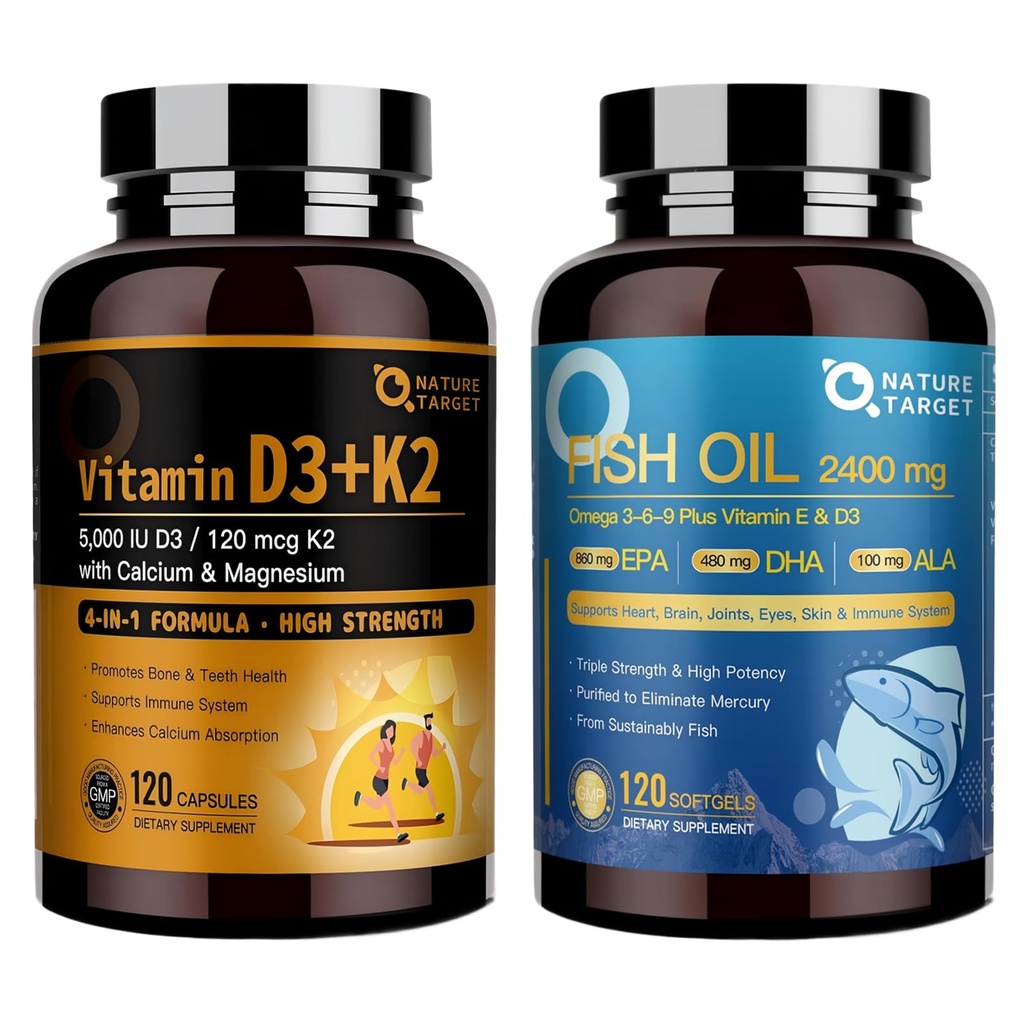 NATURE TARGET Bone & Heart Synergy Bundle — Vitamin D3 K2 + Triple Omega 3-6-9 Fish Oil with Calcium & Magnesium & Vitamin E, Complete Daily Support for Bones, Heart, Brain & Immune Health