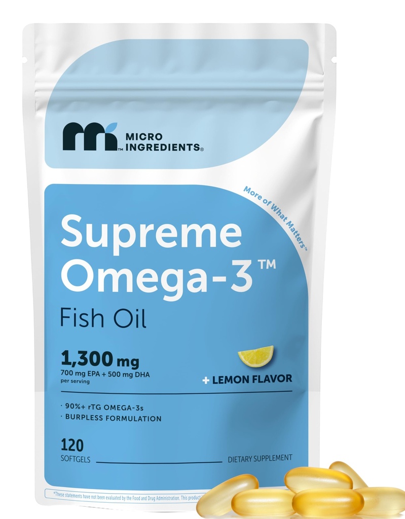 Micro Ingredients Supreme Omega-3 Fish Oil w/Ultra High EPA & DHA, Burpless Softgels | rTG Omega-3 with Vitamin D3 | Wild-Caught Cold Deep-Sea Fish | Lemon Flavor, Easy to Swallow, 120ct