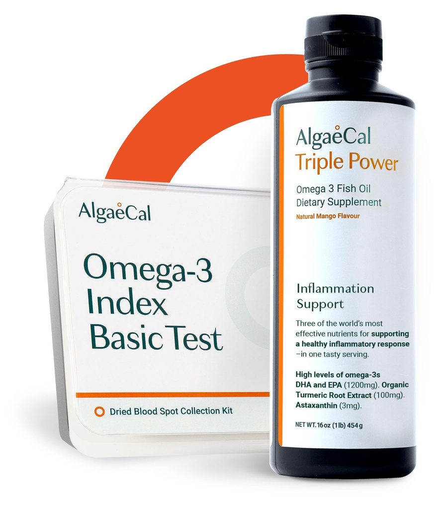 ALGAECAL Triple Power: 1200mg EPA & DHA Omega-3s Fish Oil Supplement, Supporting Brain, Heart, Skin & Bones, and Omega-3 Home Test Kit: Easy at-Home Testing with Pre-Paid Return Envelope