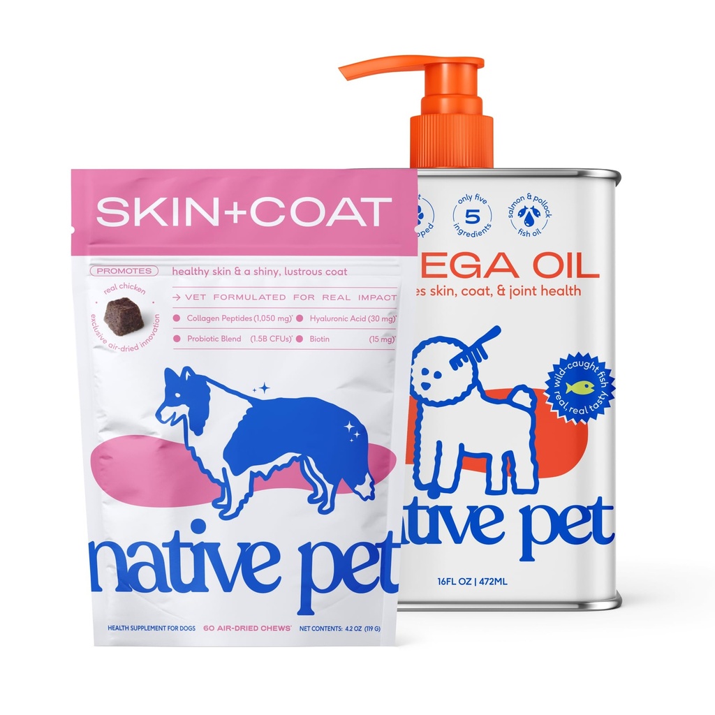 Native Pet Omega Skin and Coat Chews for Dogs (60 Air-Dried Chews) & Omega Oil for Dogs (16 Oz.) - Omega 3 Fish Oil Bundle Promotes Healthy Skin, Shiny Coat, & Strong Joints