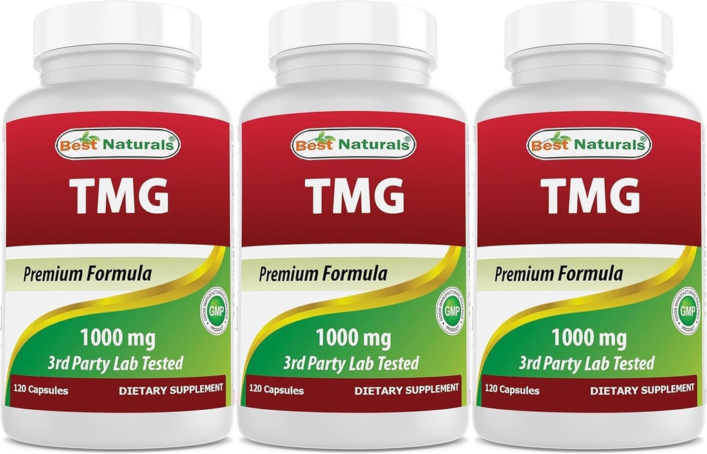 Mejores Naturales TMG Trimetilglicina (como Betaine Anhydrous) 1000 mg Servir - 120 cápsulas - Niveles de Homocisteína Saludable y Soporte de Metilación (120 Cuenta (Pack of 3))