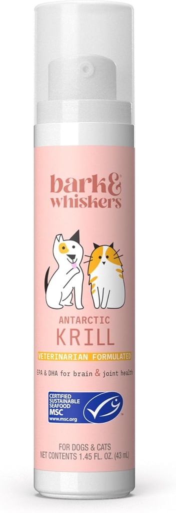 Bomba líquida de aceite de krill Bark &amp; Whiskers - Ácidos grasos Omega-3 para gatos &amp; perros - Soportes Confort Conjunto, Función de piel y cerebro - Soporte antioxidante - 1.45 Fl Oz (186 Bombas)