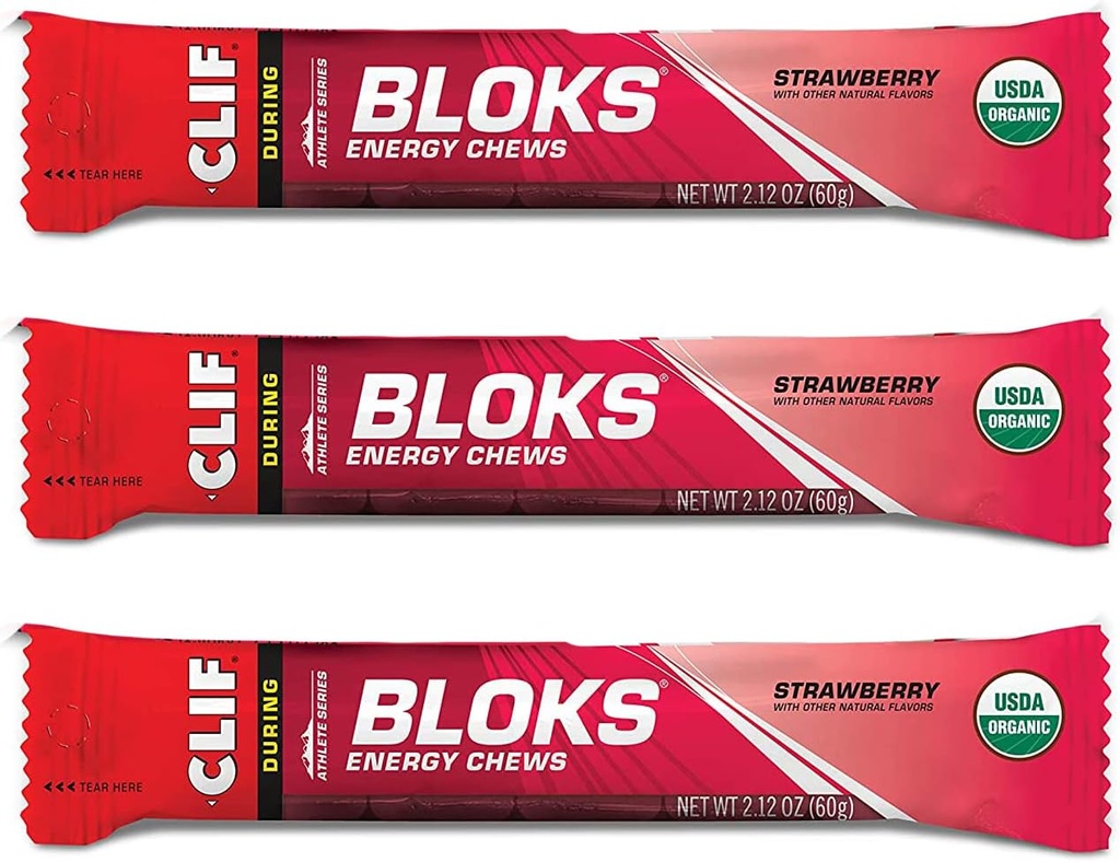 CLIF BLOKS - Cervezas de energía - Fresa- No GMO - Alimentación basada en plantas - Combustible rápido para Ciclismo y Running-Workout Snack (2.1 Ounce Packet, 3 Count)