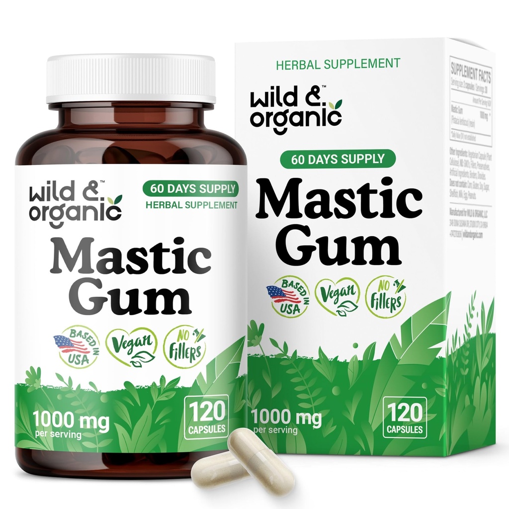 Wild & Organic Mastic Gum Capsules - 1000 mg Mastic Gum Resin Supplement for Gut Support - 2 Month Supply - 120 Vegan Capsules - No Fillers, Non-GMO, Gluten-Free
