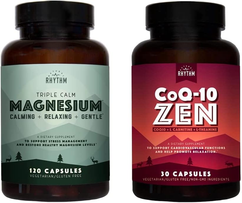 Natural Rhythm Cardio Calm Bundle - Triple calma Magnesium 150mg, 120 capsules + CoQ10-ZEN (Coenzyme Q10 + L-Carnitine + L-Theanine), 30 cápsulas