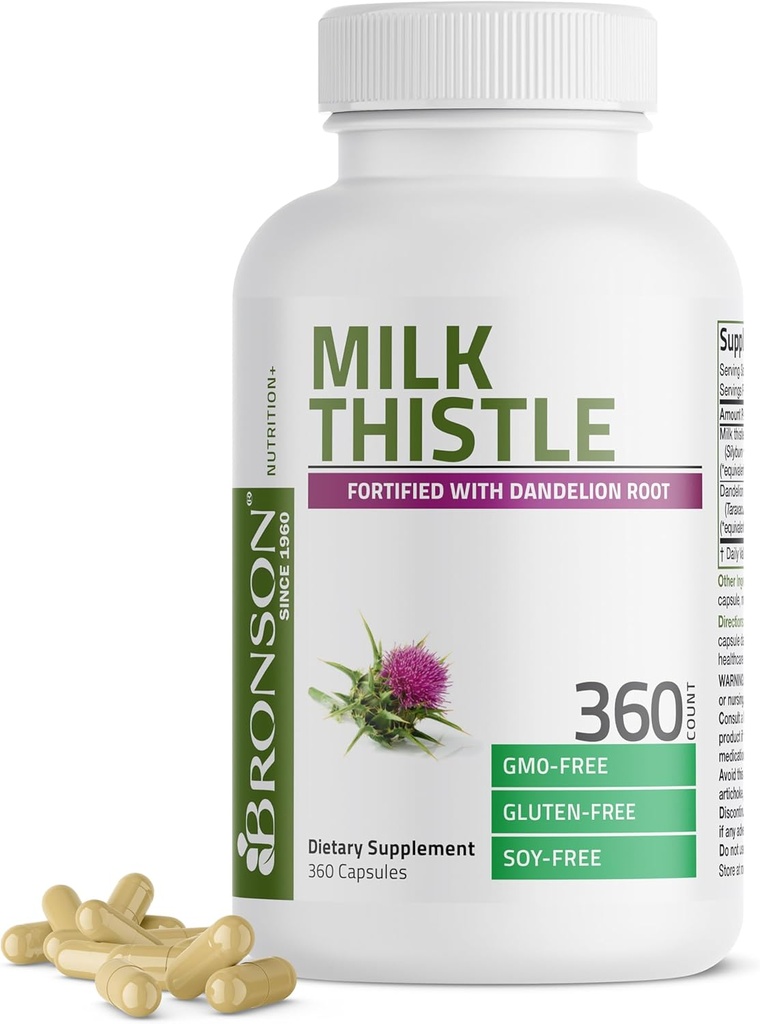Bronson Milk Thistle Silymarin Marianum &amp; Dandelion Root Liver Health Support, Antioxidant Support, Detox, 360 Capsules