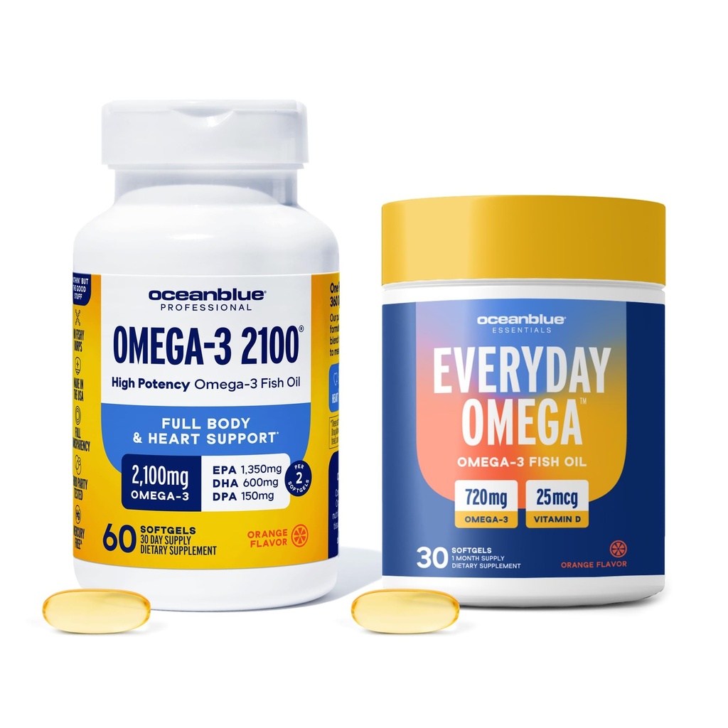 Oceanblue Omega-3 Bundle – 2100 Triple Strength 180ct + Essentials Everyday Omega Minis 60ct – High-Potency EPA, DHA, DPA with Vitamin D3 – Orange Flavor – Heart, Brain & Immune Support - 2 Pack