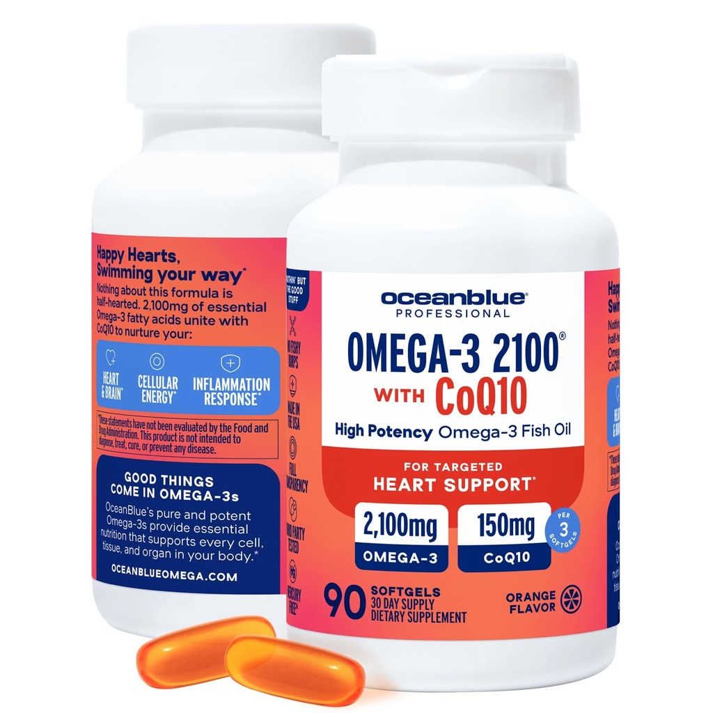 Oceanblue Omega 3 2100 with CoQ10 | Triple Strength Fish Oil Combo Supplement | High Potency 1350mg EPA 650mg DHA with 150mg CoQ10 | Orange Flavor | Heart Support | 90 Softgels | Pack of 2