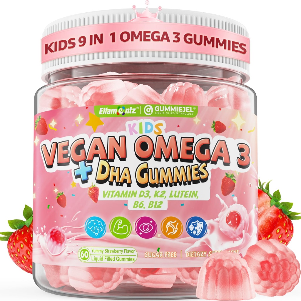 Kids Omega 3 DHA Gummies, w/Vitamins D3 K2 C, B6, Methyl B12, Luetin & PS, No Fish Burps, No Sugar, Brain, Eye & Immune Support, Plant-Based Omega-3 from Algae, Vegan DHA for Toddlers, Children, 60Cts