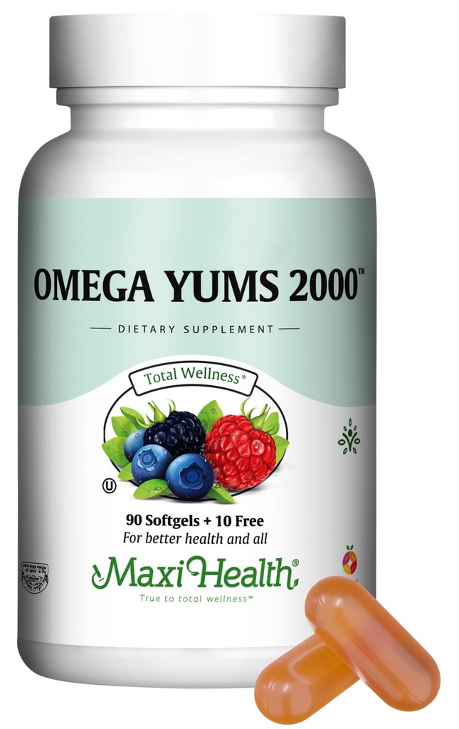 Maxi Health Fish Oil 2000mg - Omega 3 Supplement for Adults and Kids - Fruity Burst - Omega-3 Fish Oil Source of EPA/DHA Fatty Acids - Heart, Brain, Joint Health - Kosher Certified - 100 Softgels