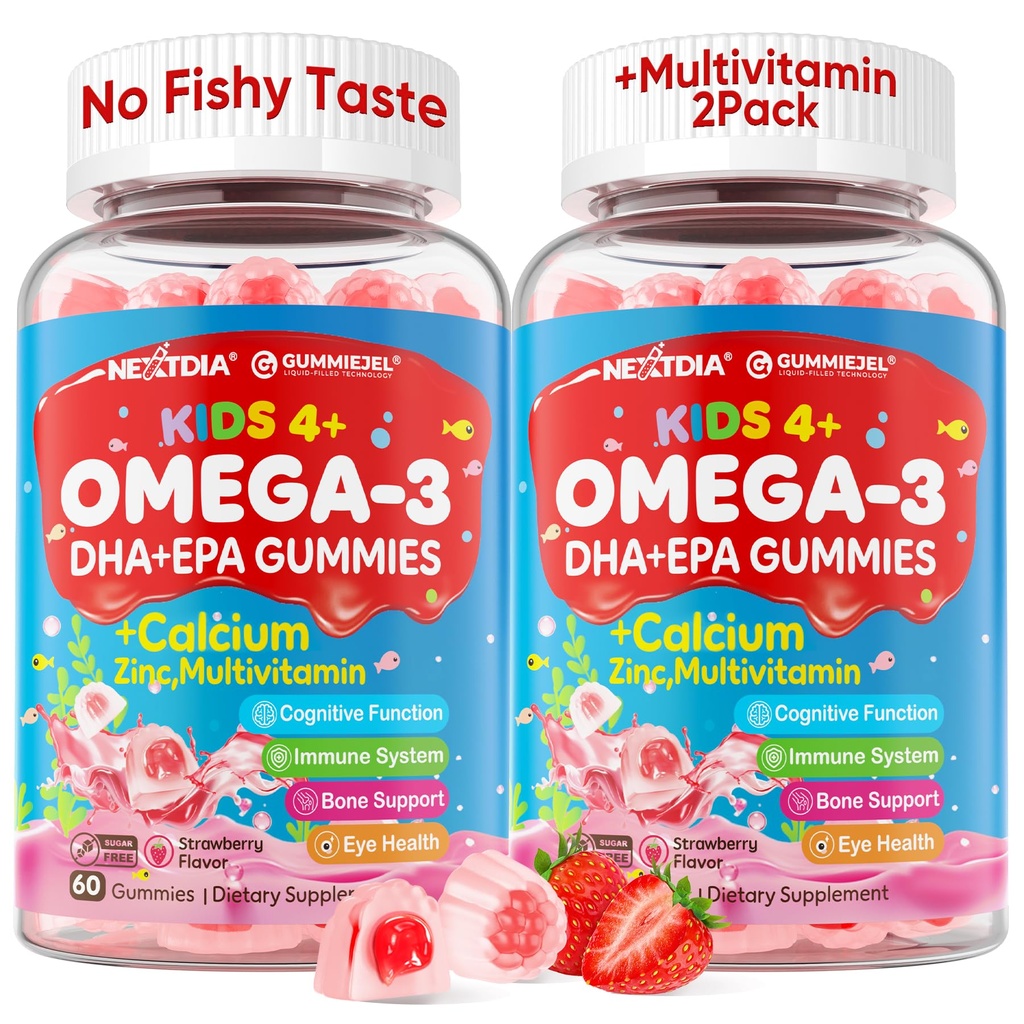 Nextdia Omega 3 (EPA/DHA) Filled Gummies for Kids with Multivitamin, Calcium + D3 + K2 + Zinc, Plus Vitamin A B1 B2 B12 C, Selenium, Iodine for Brain, Eye, Bone, Energy, No Fish Taste, 2 Pack
