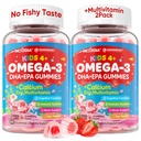 Nextdia Omega 3 (EPA/DHA) Filled Gummies for Kids with Multivitamin, Calcium + D3 + K2 + Zinc, Plus Vitamin A B1 B2 B12 C, Selenium, Iodine for Brain, Eye, Bone, Energy, No Fish Taste, 2 Pack