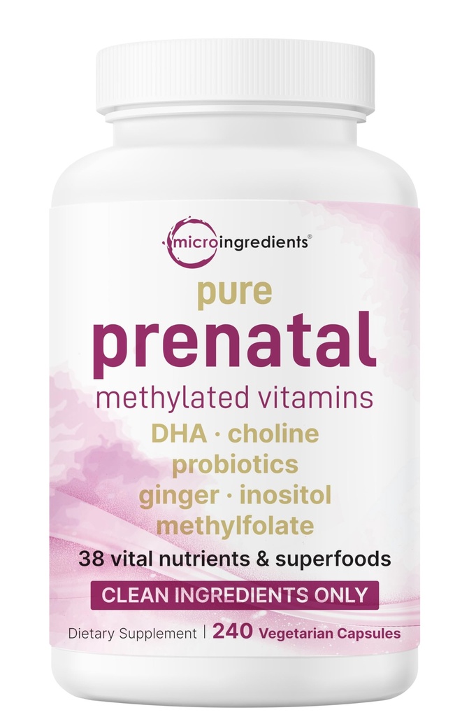 Micro Ingredients Prenatal Vitamins for Women | 38-in-1 with Folate, DHA, Choline, Iron, Probiotics, Inositol, & Vitamin C, D, B Complex | No Fillers | 240 Veggie Capsules