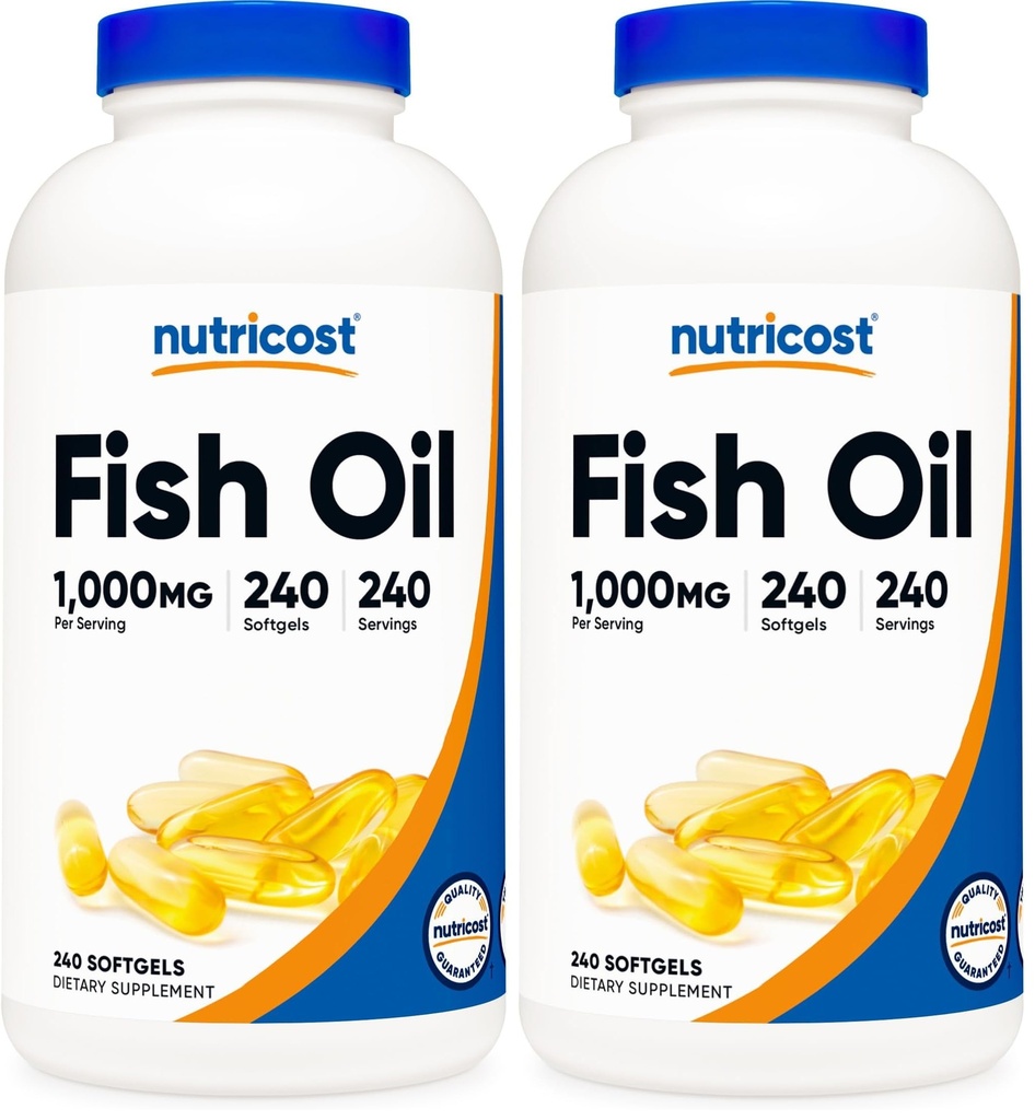 Nutricost Fish Oil Omega 3 Softgels with EPA & DHA (1000mg of Fish Oil, 560mg of Omega-3), 240 Softgels, Non-GMO, Gluten Free. (Pack of 2)