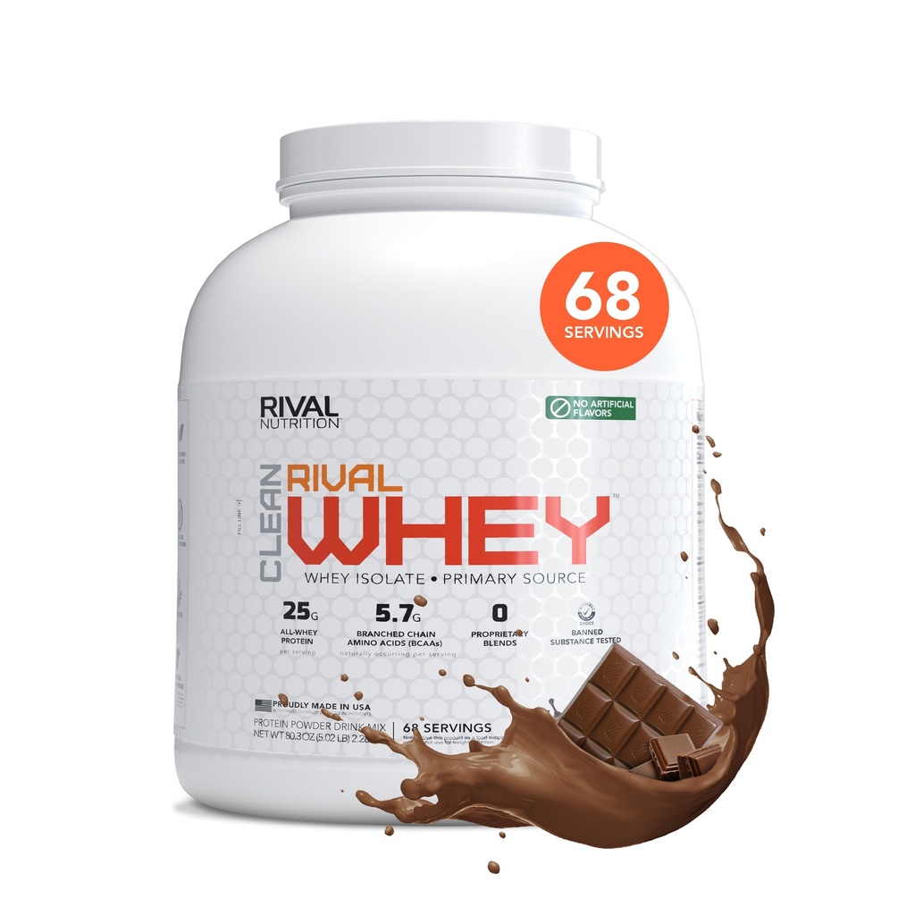 RIVAL NUTRITION Clean Rival Whey Pure Chocolate Protein Powder I Whey Isolate Primary Source I 5.02 Lb, 68 Servings I No Artificial Flavors or Colors I 25g Protein Per Scoop | Muscle Recovery
