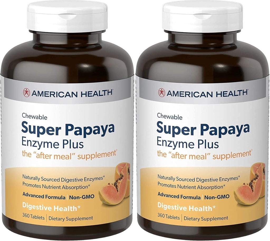 American Health Super Papaya Enzyme Plus Chewable Tablets, Natural Papaya Flavor - Promueve la Digestión " Absorción Nutriente, Contiene Papain " Otras Enzymes - 360 Cuenta - Pack de 2