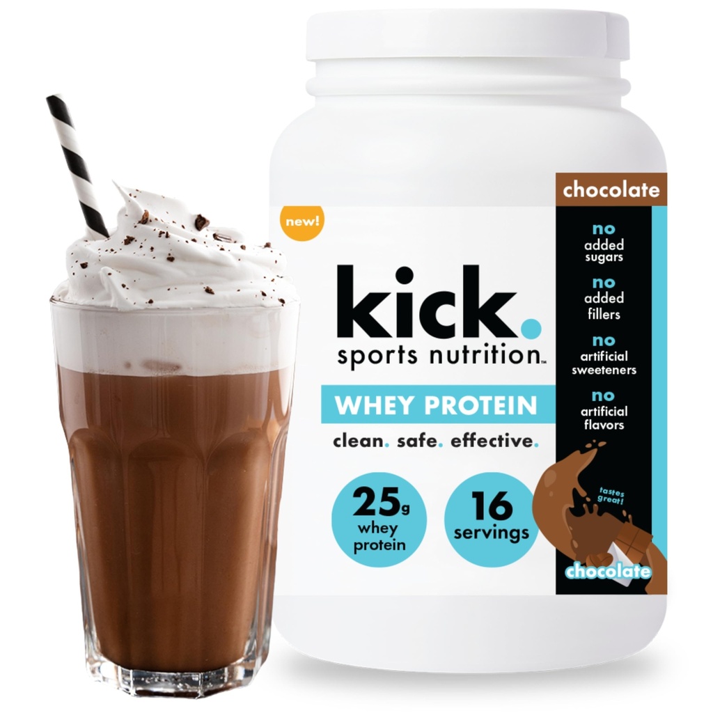 Kick Whey Protein Powder, Chocolate Flavor, 25 G Protein Gluten Free Workout Supplement with Amino Acids to Support Fitness Goals & Gut Health, No Added Sugar, No Artificial Flavor, 16 Servings