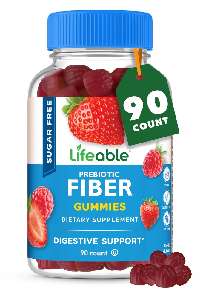 Lifeable Sugar Free Fiber Gummies for Adults | 4g | Great Tasting Fiber Supplement Gummies | Keto Friendly, Gluten Free, Vegan, Non GMO Prebiotic Fiber | for Digestive Health | 90 Gummies