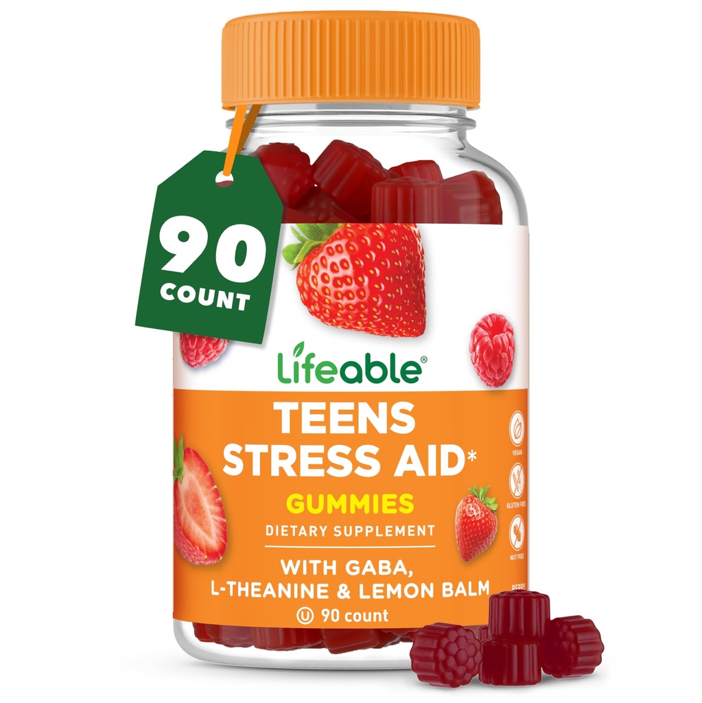 Lifeable Stress Aid Gummies for Teens | with Lemon Balm, GABA and L Theanine Supplements | Vegan Non GMO Mood Support Supplement | Great Tasing Stress Vitamins | L-Theanine for Teen | 90 Gummies