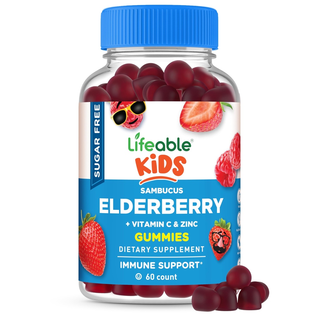 Lifeable Sugar Free Elderberry Gummies for Kids with Vitamin C and Zinc | Kids Immune Support Supplement | Great Tasting Elderberry Gummies | Vegan, Non GMO, Kosher Gluten Free | 60 Gummies